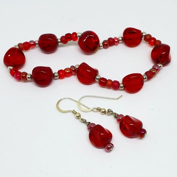 Bold Ruby Red Glass Bead Stretch Bracelet & Dangle Earrings in Sterling Silver - Picture 1 of 8